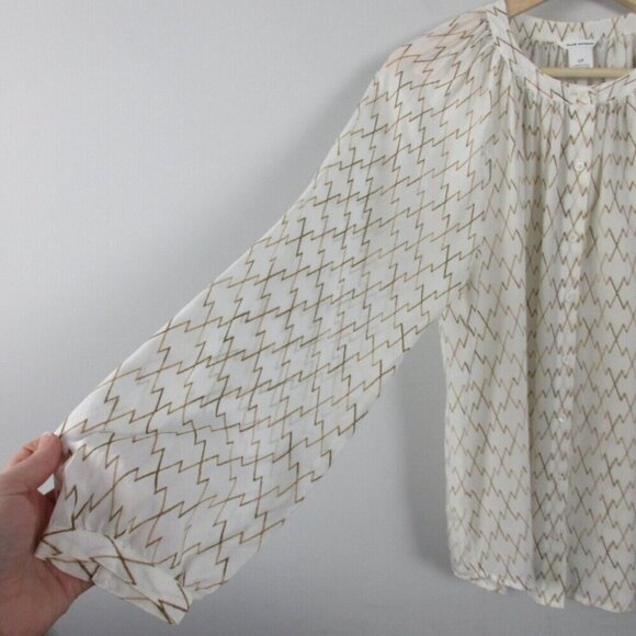 Club Monaco Printed Silk Blouse Women's Top S Button Up Popover Sleeve White 92 - Picture 2 of 11